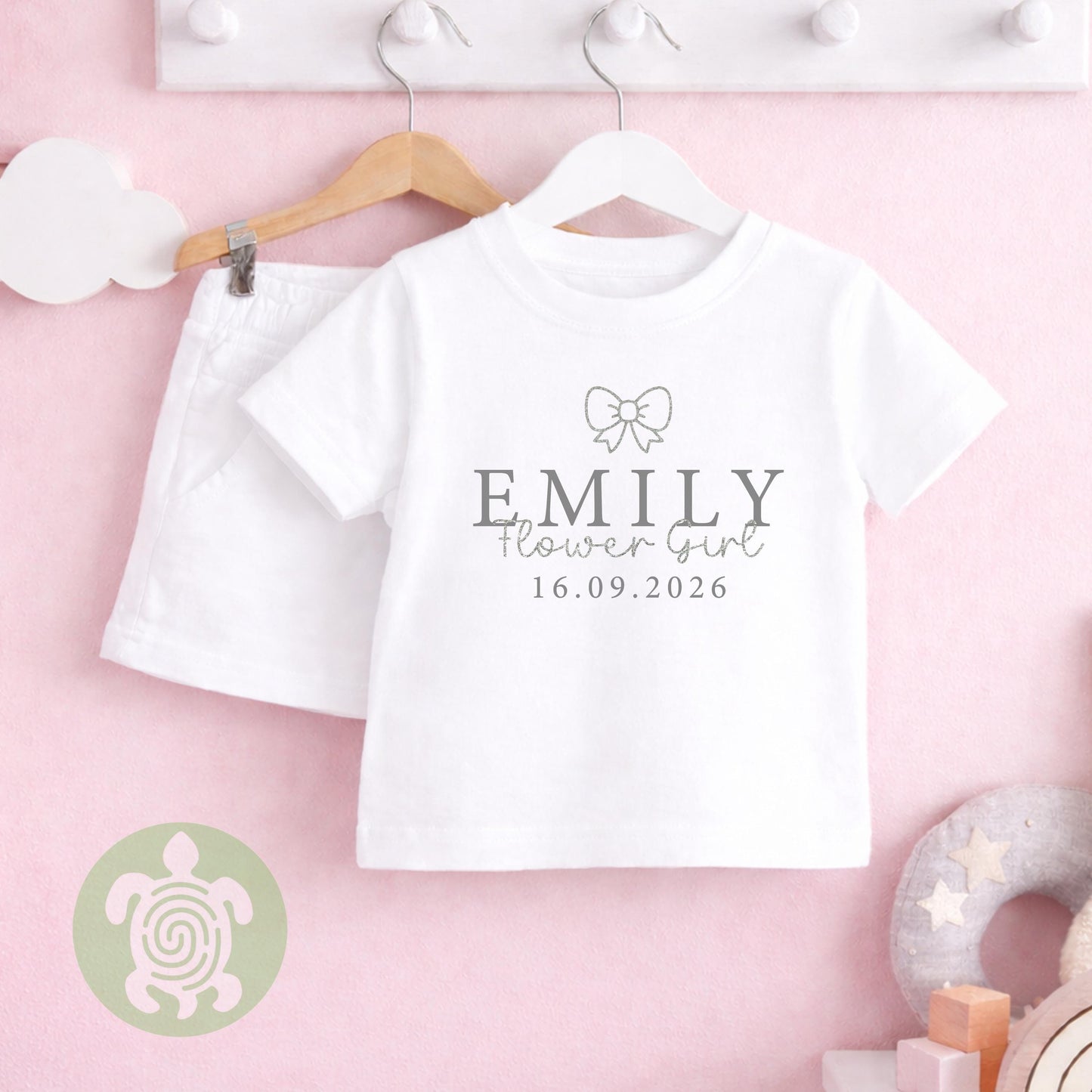 Glitter Flower Girl Wedding Bow Tie Personalised Toddler Loungewear, Green, Blue, Silver, Neutral Special Occasion, Flower Pyjamas, Wedding