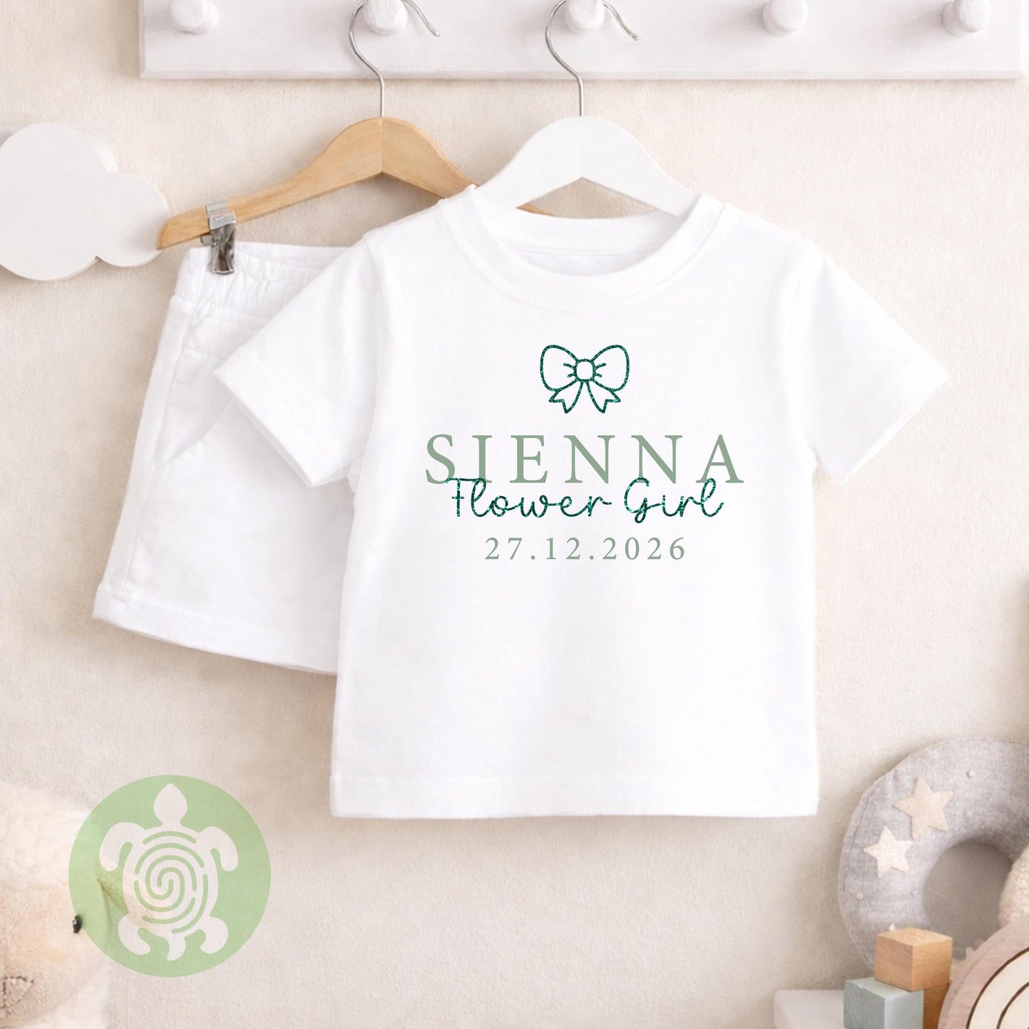 Glitter Flower Girl Wedding Bow Tie Personalised Toddler Loungewear, Green, Blue, Silver, Neutral Special Occasion, Flower Pyjamas, Wedding