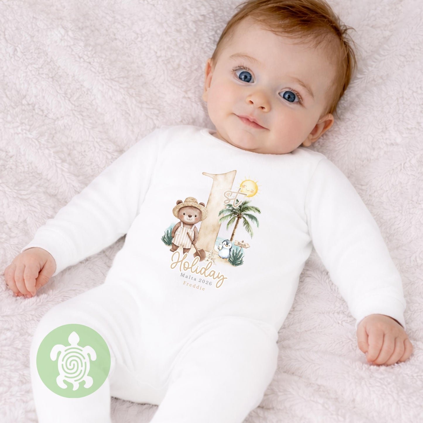 Personalised Bear Beach Holiday Baby Vest, Children's T Shirt, First Holiday Sleepsuit, Babies First Holiday, First Time Flyer
