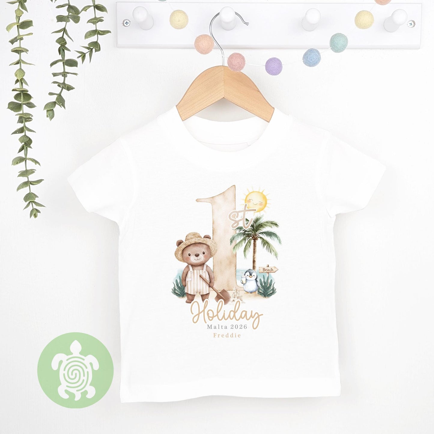 Personalised Bear Beach Holiday Baby Vest, Children's T Shirt, First Holiday Sleepsuit, Babies First Holiday, First Time Flyer