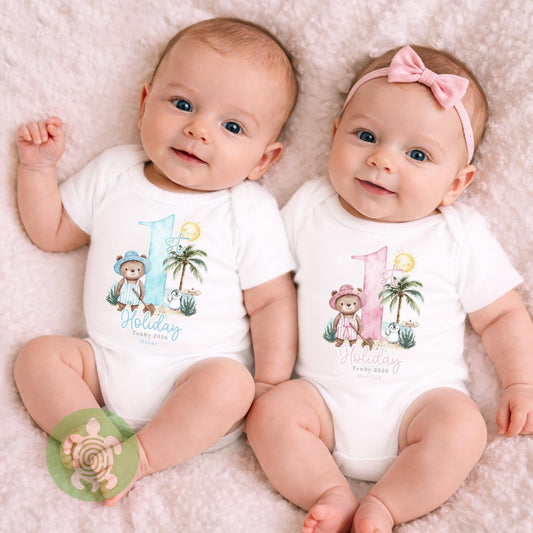 Personalised Bear Beach Holiday Baby Vest, Children's T Shirt, First Holiday Sleepsuit, Babies First Holiday, First Time Flyer, Pink or Blue