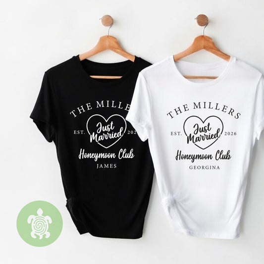 Matching Honeymoon Club Couples T-Shirts, Just Married, Newleyweds Gift, Matching Mr & Mrs, Wedding Present, Holiday Top, His and Hers Tops