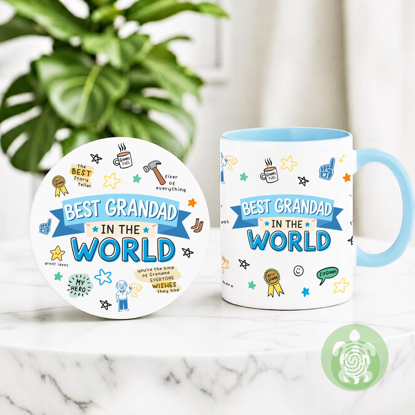 The Best Grandad in the World Mug, Birthday Gift For Grampa, From Son, Daughter, Funny Father's Day Gift, First Time Gramps, Blue Handle Mug