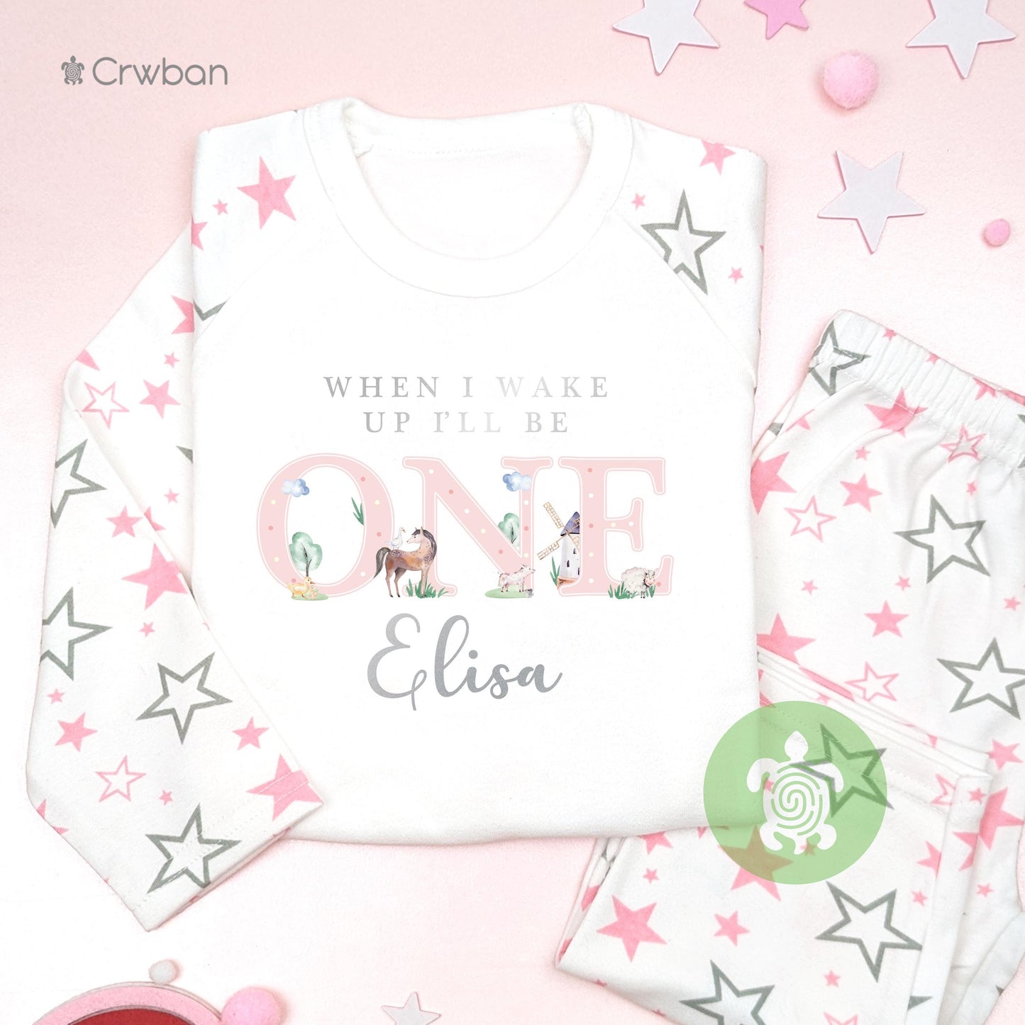 Watercolour Pink Farm Animal 1st 2nd Birthday Pj's Personalised First Second Birthday When I Wake Up Stripe Pyjamas