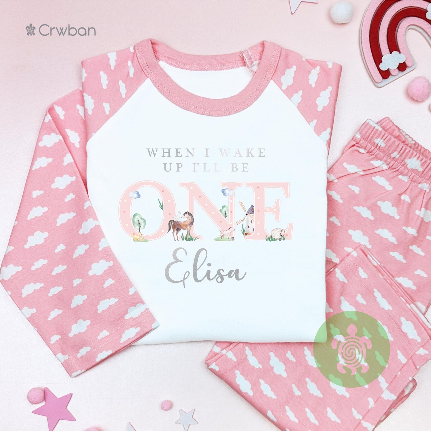 Watercolour Pink Farm Animal 1st 2nd Birthday Pj's Personalised First Second Birthday When I Wake Up Stripe Pyjamas
