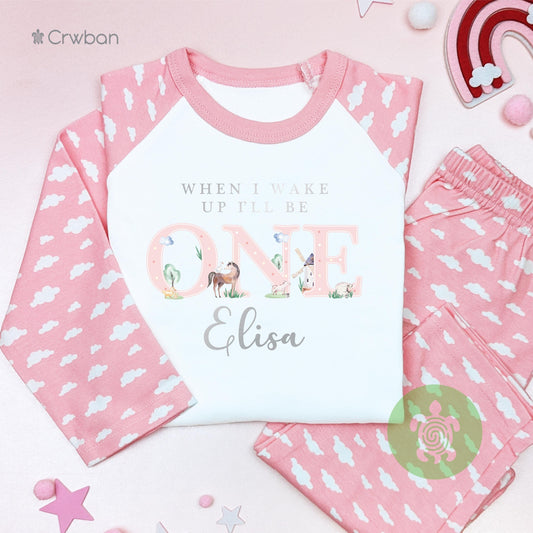 Watercolour Pink Farm Animal 1st 2nd Personalised Kids Outfit, Birthday Morning Set, Custom Name Cotton Clothing Set, Tight-fitting style