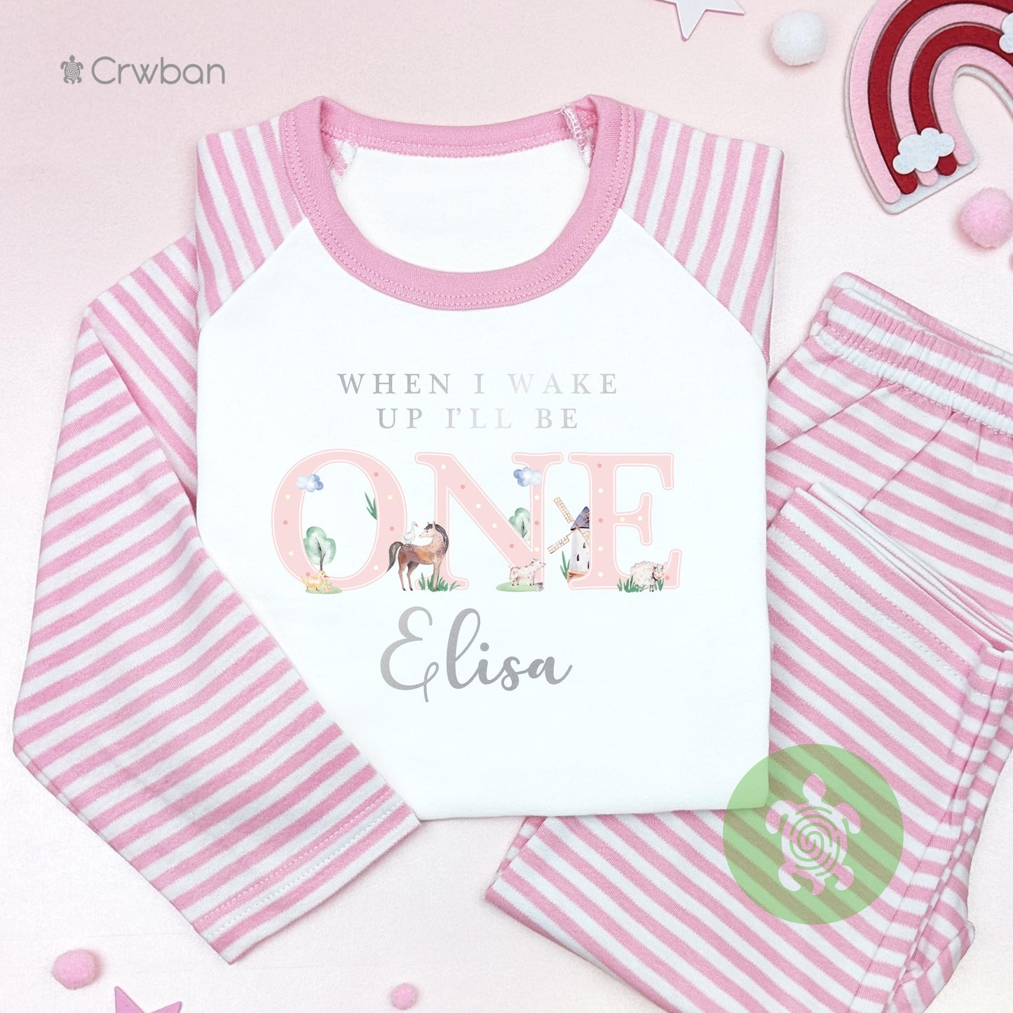 Watercolour Pink Farm Animal 1st 2nd Birthday Pj's Personalised First Second Birthday When I Wake Up Stripe Pyjamas