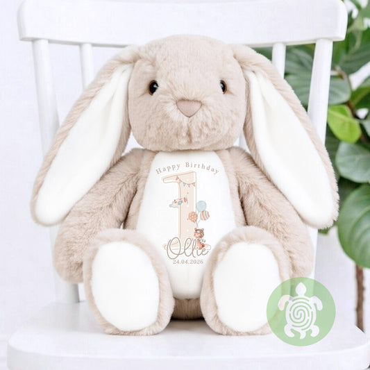 Neutral Personalised Birthday Plush Bunny, Children's Birthday Gift, Custom Soft Toy for Keepsake, Gift