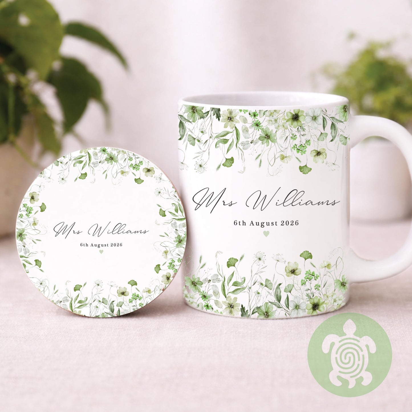 Personalised Mr & Mrs Floral Wedding Mugs, Couple Coffee Tea Mug, Wedding or Anniversary Mug, Bride and Groom Mug Set, Wedding Coaster Set