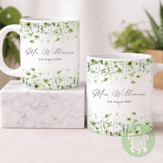 Personalised Mr & Mrs Floral Wedding Mugs, Couple Coffee Tea Mug, Wedding or Anniversary Mug, Bride and Groom Mug Set, Wedding Coaster Set