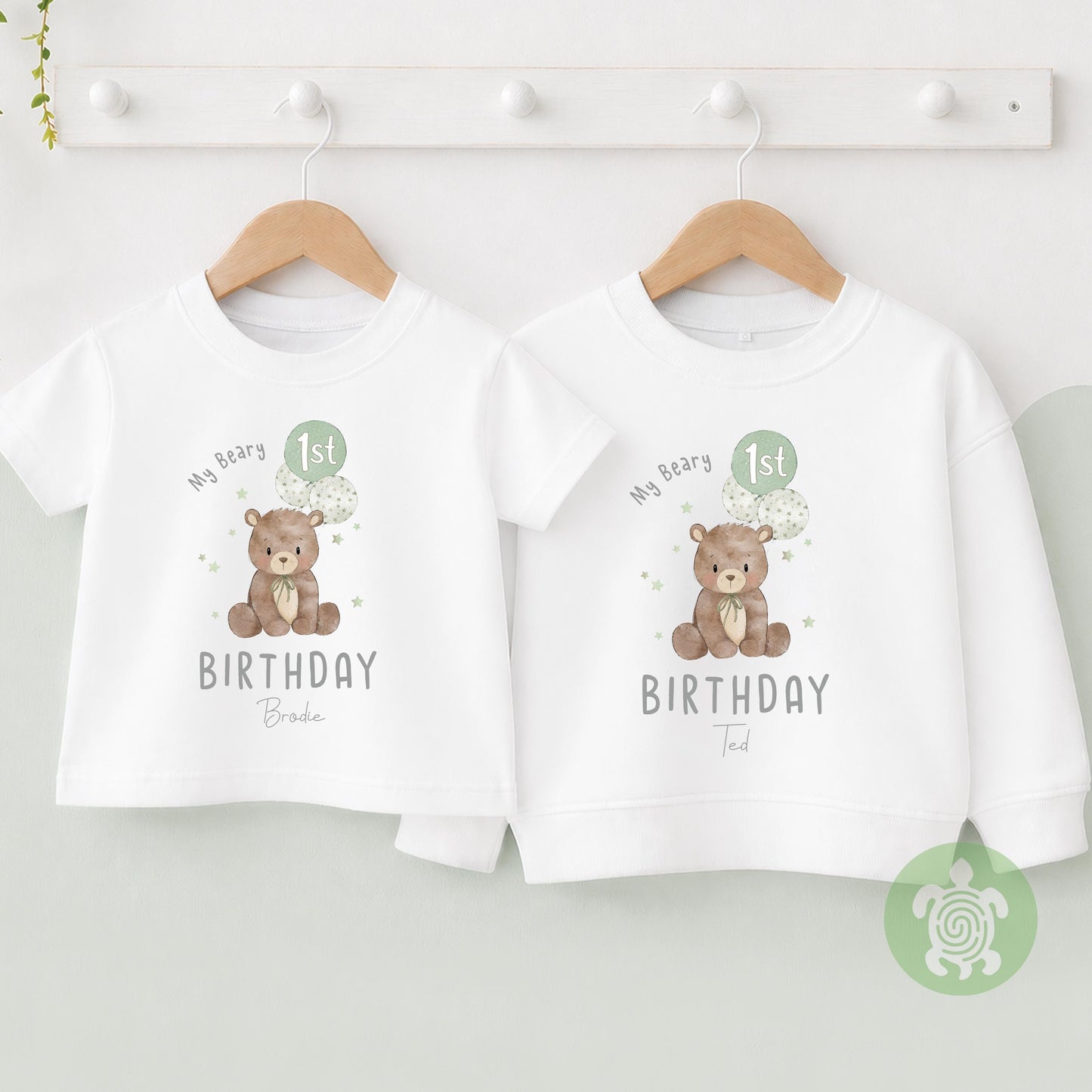 Personalised Green Beary 1st Birthday Children's T-shirt, 1st Birthday Party Outfit, Childs Clothing, BabyVest, Printed Birthday Sweatshirt