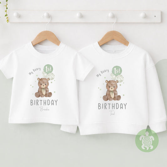 Personalised Green Beary 1st Birthday Children's T-shirt, 1st Birthday Party Outfit, Childs Clothing, BabyVest, Printed Birthday Sweatshirt