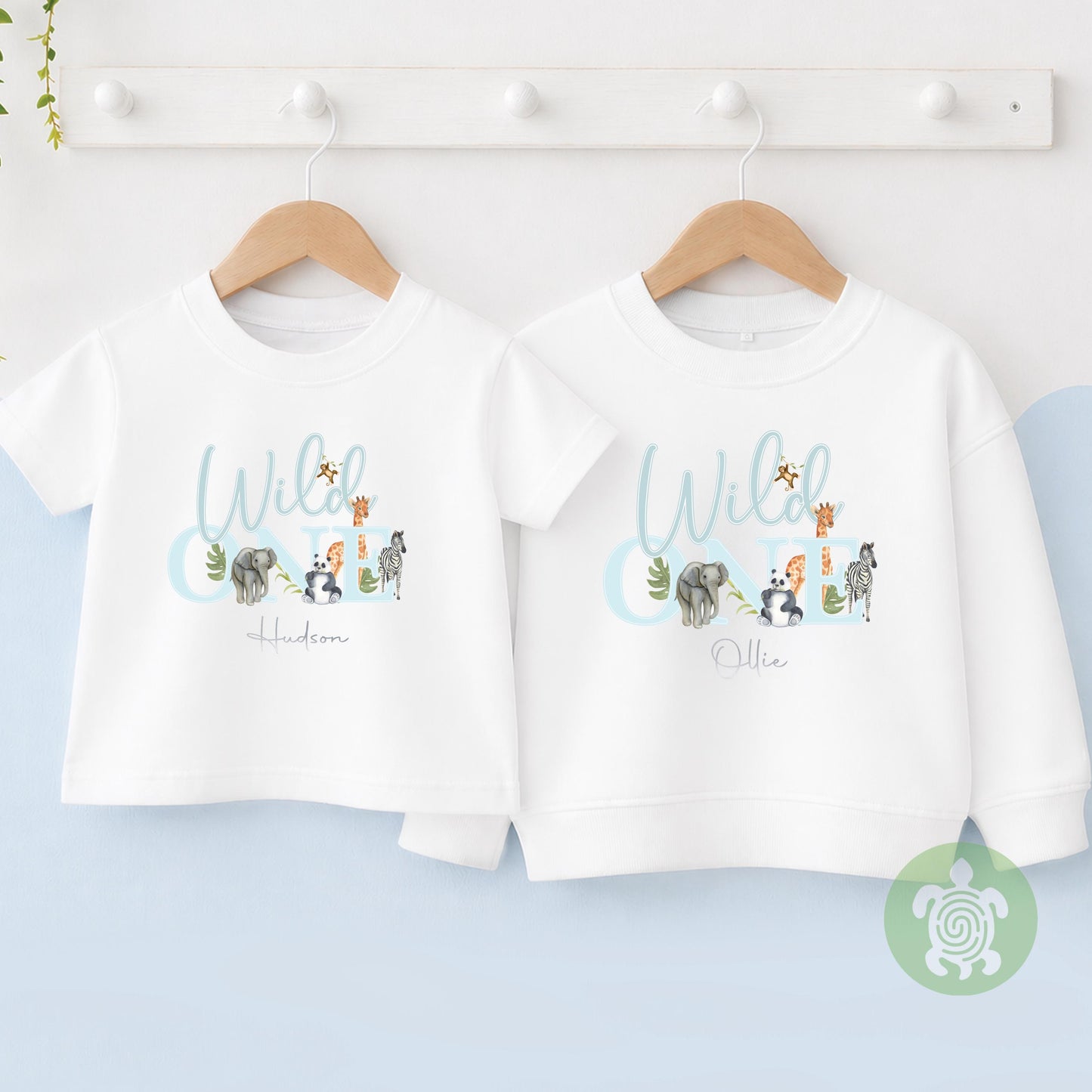 Wild One Blue Safari Jungle theme 1st Birthday Party T-shirt Top, Personalised First Birthday design Childs Tee, Children's Sweatshirt