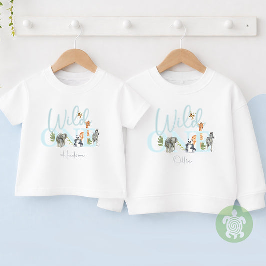 Wild One Blue Safari Jungle theme 1st Birthday Party T-shirt Top, Personalised First Birthday design Childs Tee, Children's Sweatshirt