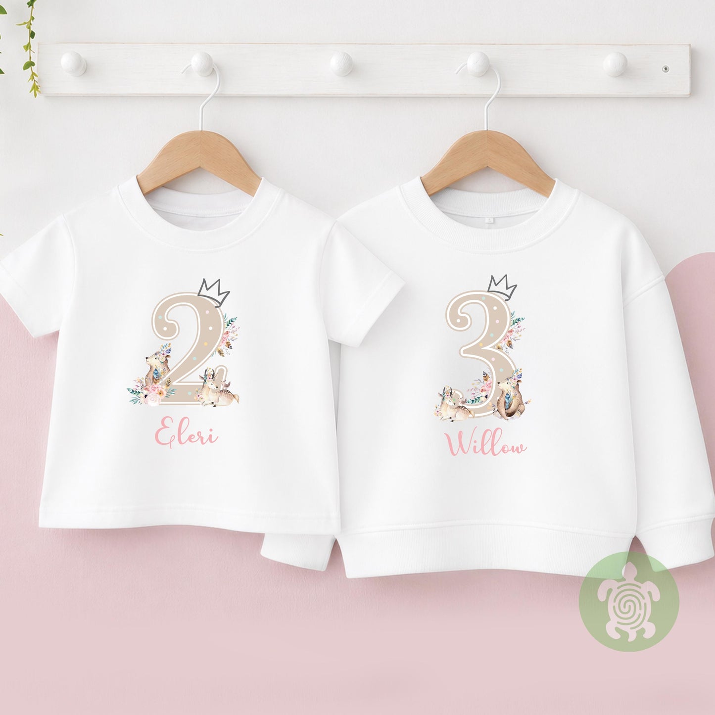 Woodland Bohemian 1st Birthday Party T-shirt, Personalised Floral Watercolour First Birthday design with Pink Print