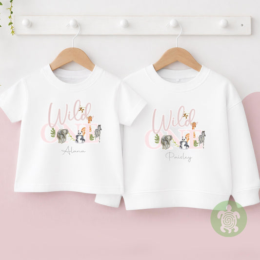 Wild One Pink Safari Jungle theme 1st Birthday Party T-shirt Top, Personalised First Tee design, Childs Tee Sweatshirt Baby Girl
