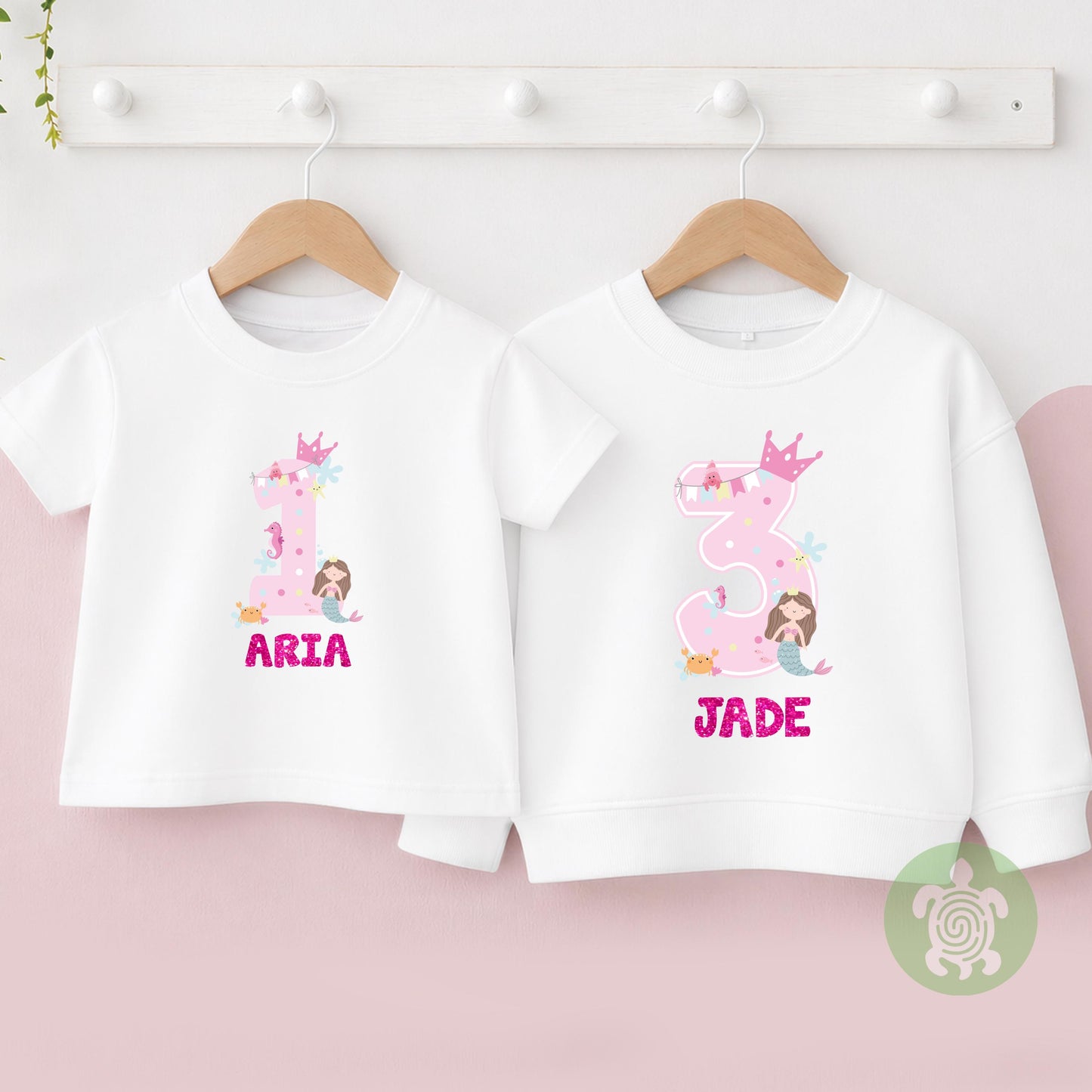 1st Birthday Girl Mermaid Party T-shirt,  Personalised First Birthday design with Rose Gold Glitter Print, Any Age Tee, Children's Party Top