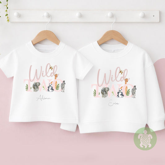 Wild Two Pink Safari Jungle theme 2nd Birthday Party Sweatshirt, Personalised Second Birthday design Childs Jumper Sweatshirt, Kids Girl
