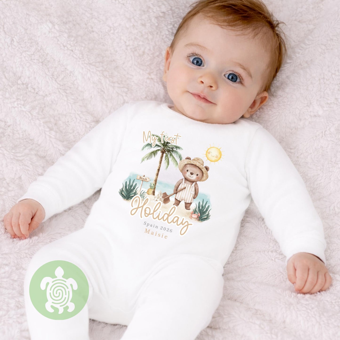 Personalised Bear Beach My First Holiday Baby Vest, Children's T Shirt, First Holiday Sleepsuit, Babies First Holiday, First Time Flyer