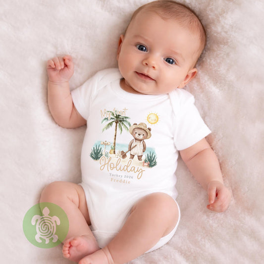 Personalised Bear Beach My First Holiday Baby Vest, Children's T Shirt, First Holiday Sleepsuit, Babies First Holiday, First Time Flyer