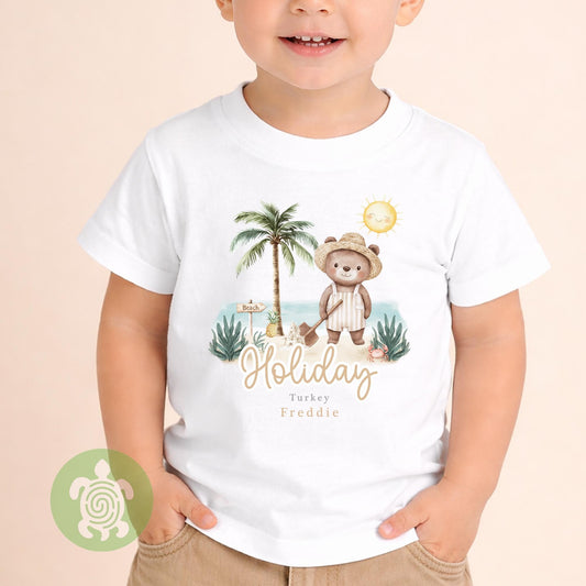 Personalised Bear Beach Summer Holiday Baby Vest, Children's T Shirt, First Holiday , Babies First Holiday, First Time Flyer, Travel Outfit