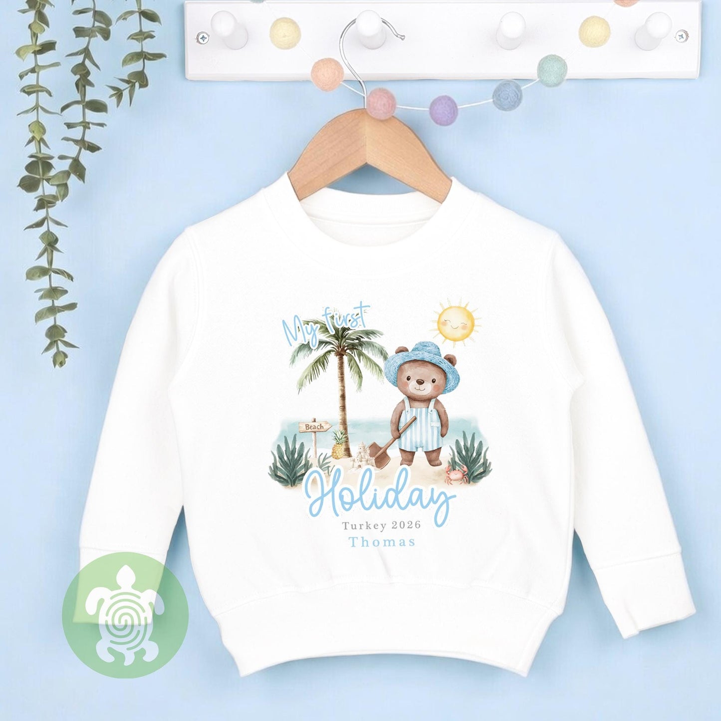 Personalised Blue Bear Beach My First Holiday Baby Vest, Children's T Shirt, First Holiday Sleepsuit, Babies First Holiday, First Time Flyer