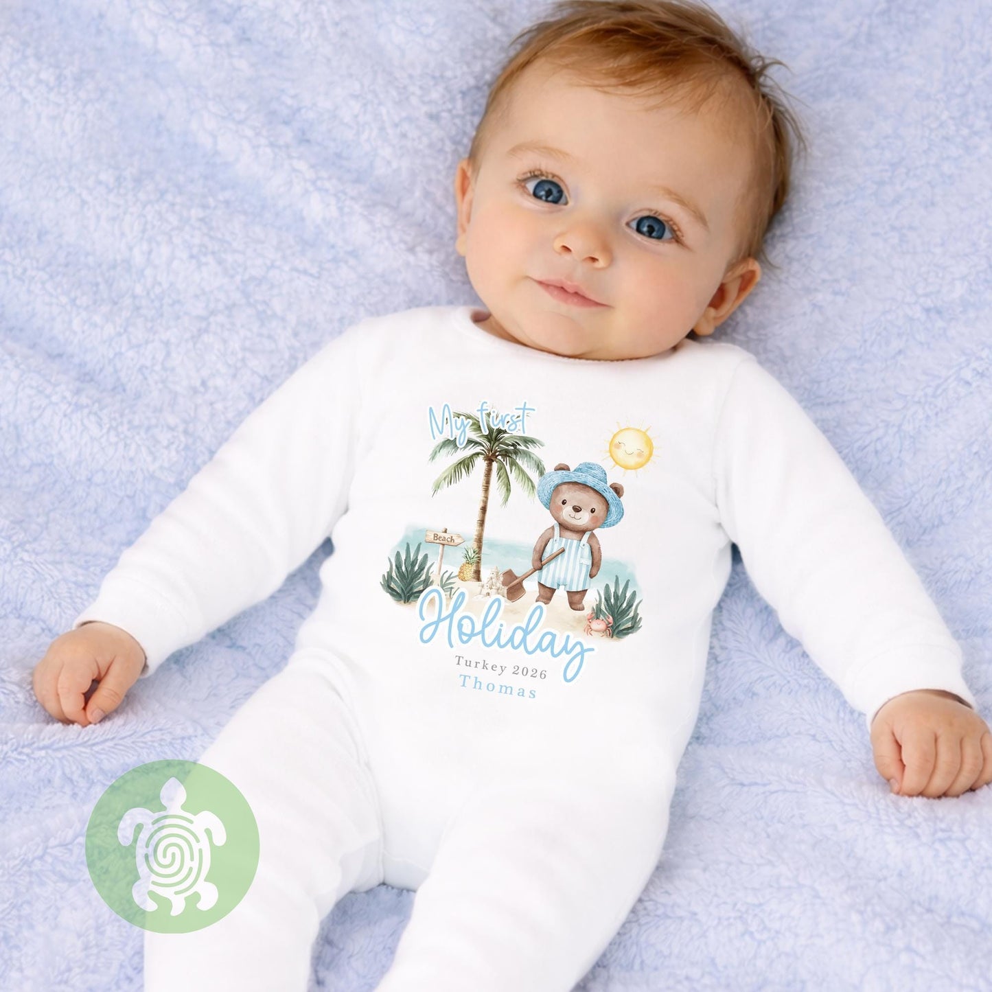 Personalised Blue Bear Beach My First Holiday Baby Vest, Children's T Shirt, First Holiday Sleepsuit, Babies First Holiday, First Time Flyer