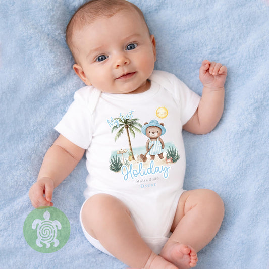 Personalised Blue Bear Beach My First Holiday Baby Vest, Children's T Shirt, First Holiday Sleepsuit, Babies First Holiday, First Time Flyer