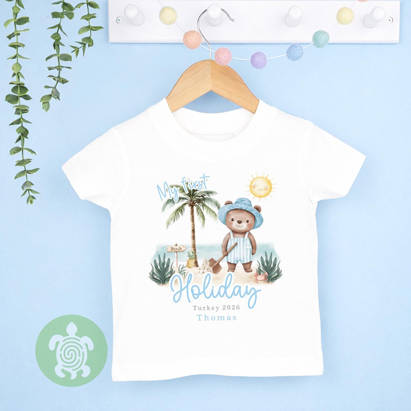 Personalised Blue Bear Beach My First Holiday Baby Vest, Children's T Shirt, First Holiday Sleepsuit, Babies First Holiday, First Time Flyer