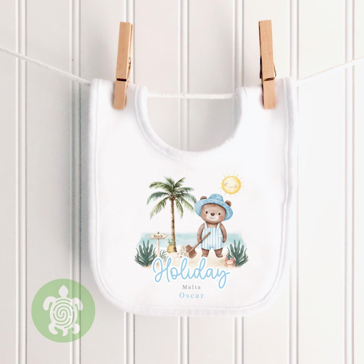 Personalised Blue Bear Beach Summer Holiday Baby Vest, Children's T Shirt, First Holiday, First Holiday, First Time Flyer, Travel Outfit