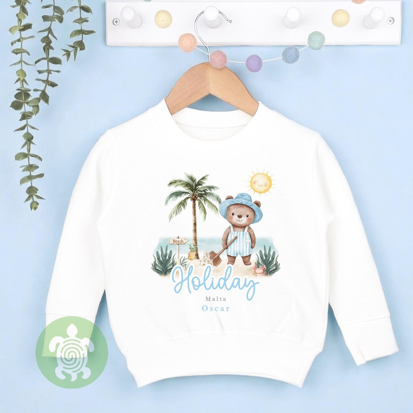 Personalised Blue Bear Beach Summer Holiday Baby Vest, Children's T Shirt, First Holiday, First Holiday, First Time Flyer, Travel Outfit