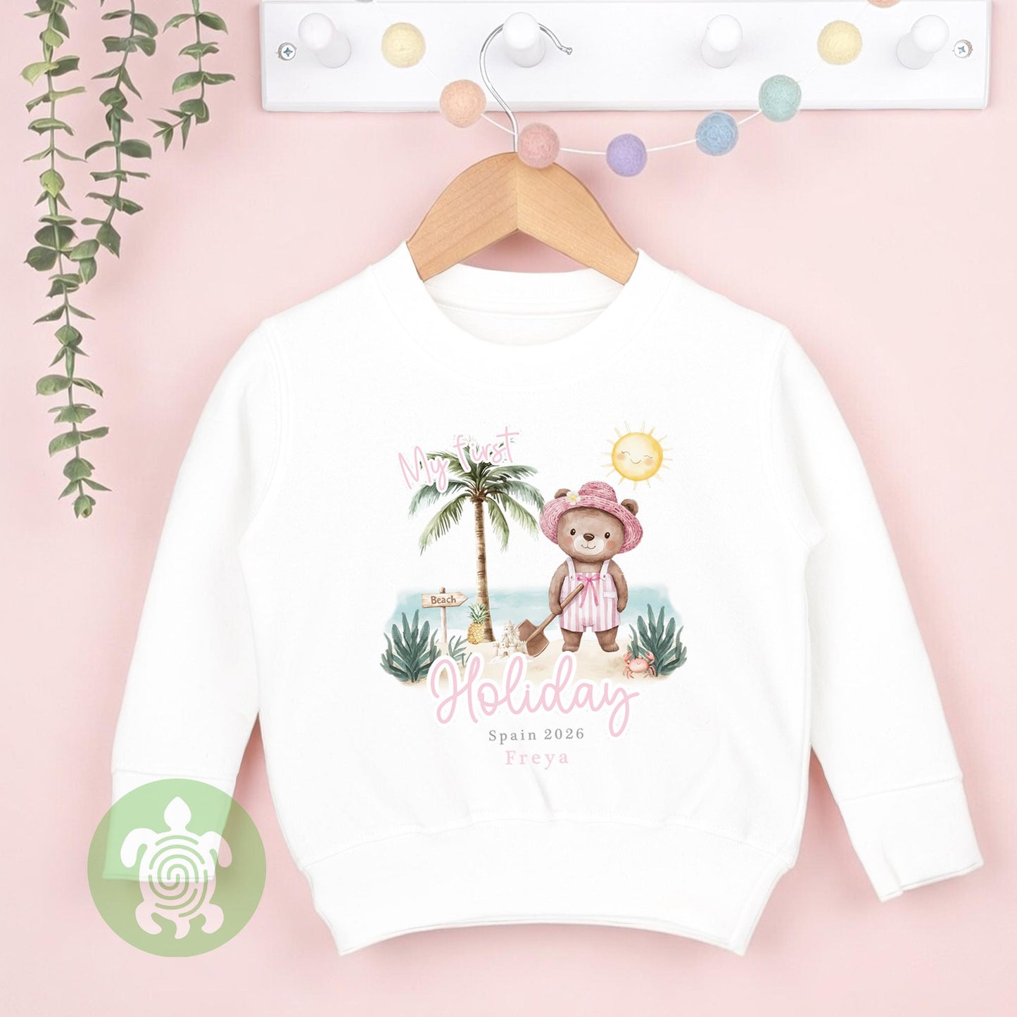 Personalised Pink Bear Beach My First Holiday Baby Vest, Children's T Shirt, First Holiday Sleepsuit, Babies First Holiday, First Time Flyer