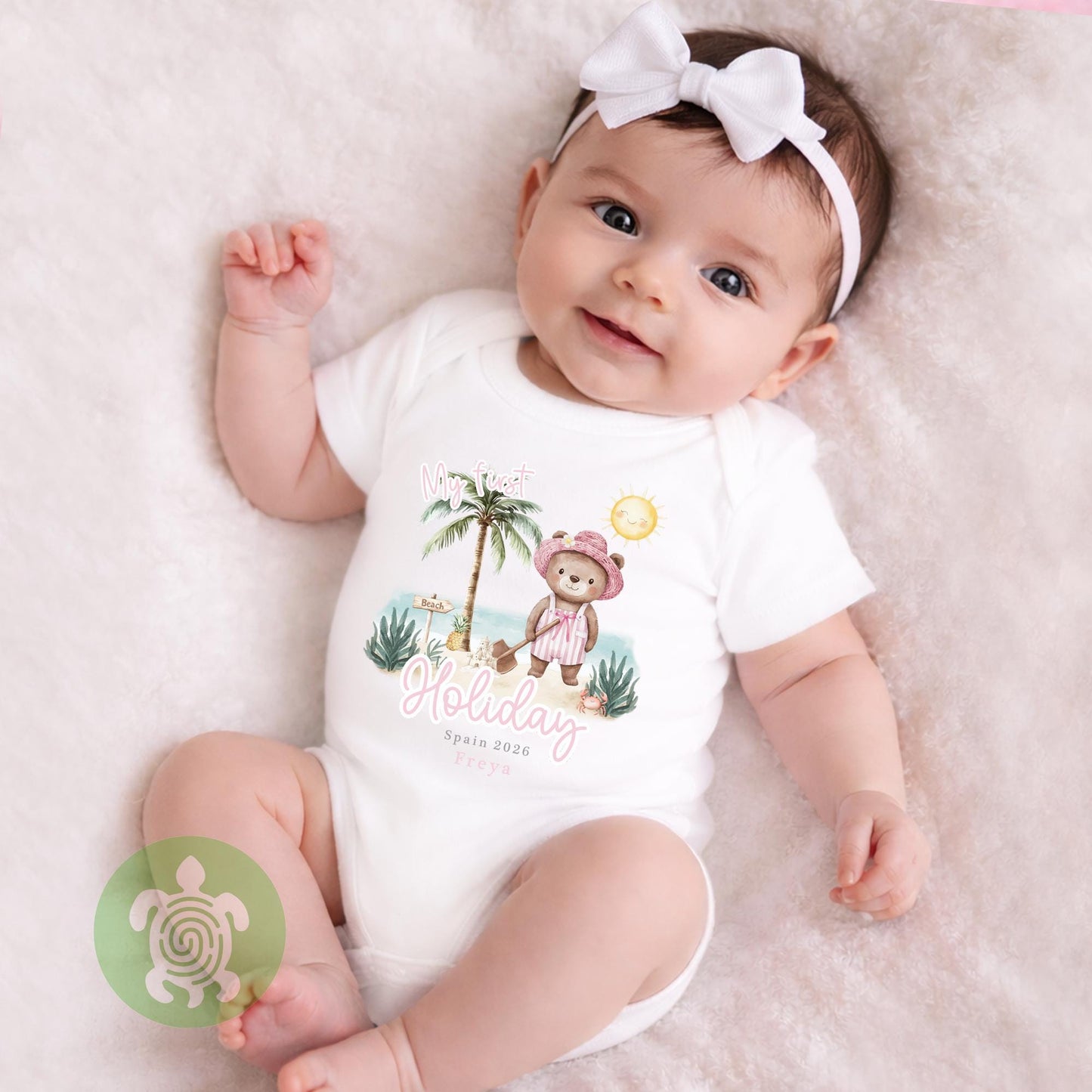 Personalised Pink Bear Beach My First Holiday Baby Vest, Children's T Shirt, First Holiday Sleepsuit, Babies First Holiday, First Time Flyer