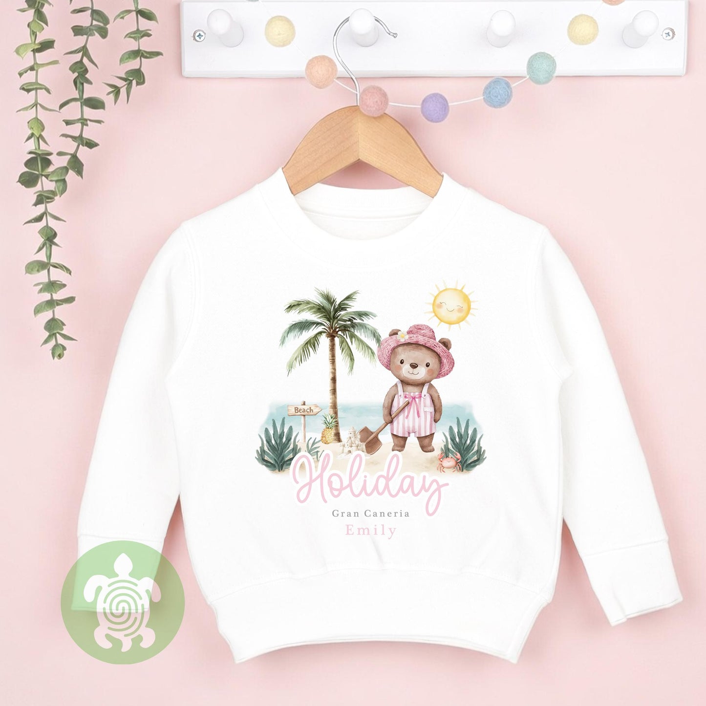 Personalised Pink Bear Beach Summer Holiday Baby Vest, Children's T Shirt, First Holiday, First Holiday, First Time Flyer, Travel Outfit