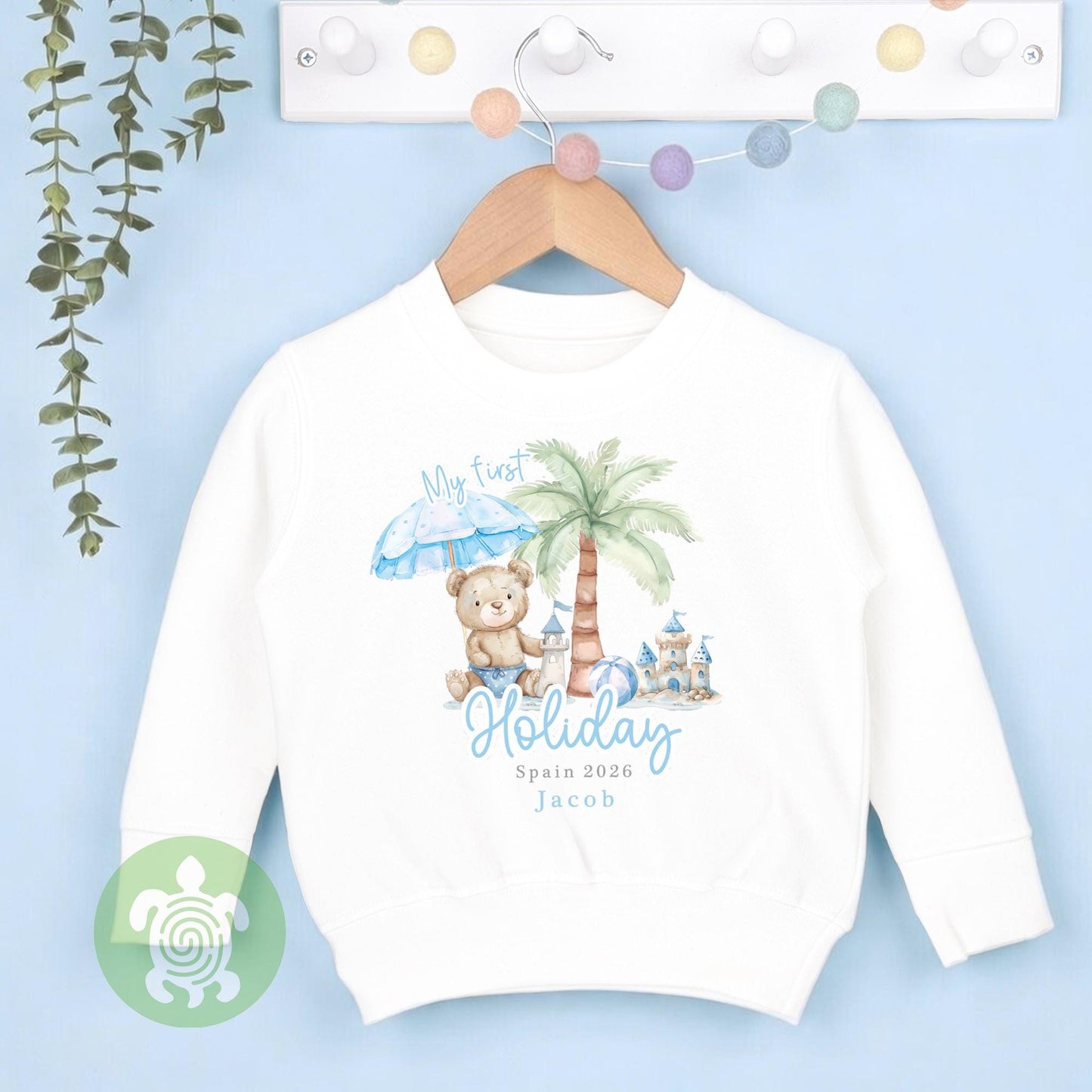 Personalised My 1st Holiday Blue Teddy Beach Babyvest, Children's T Shirt, First Holiday Sleepsuit, Babies First Holiday, First Time Flyer