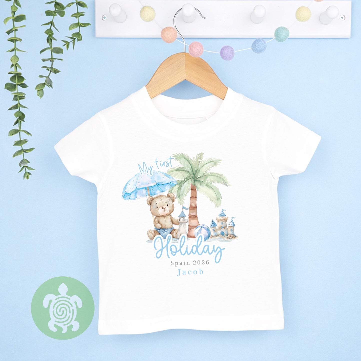 Personalised My 1st Holiday Blue Teddy Beach Babyvest, Children's T Shirt, First Holiday Sleepsuit, Babies First Holiday, First Time Flyer