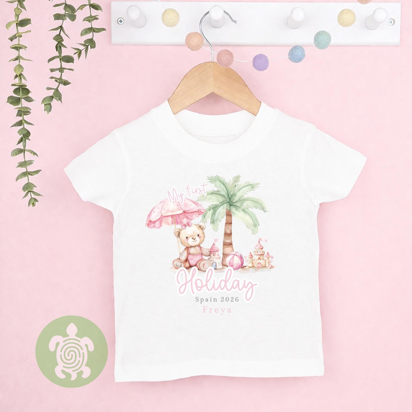 Personalised My 1st Holiday Pink Teddy Beach Babyvest, Children's T Shirt, First Holiday Sleepsuit, Babies First Holiday, First Time Flyer