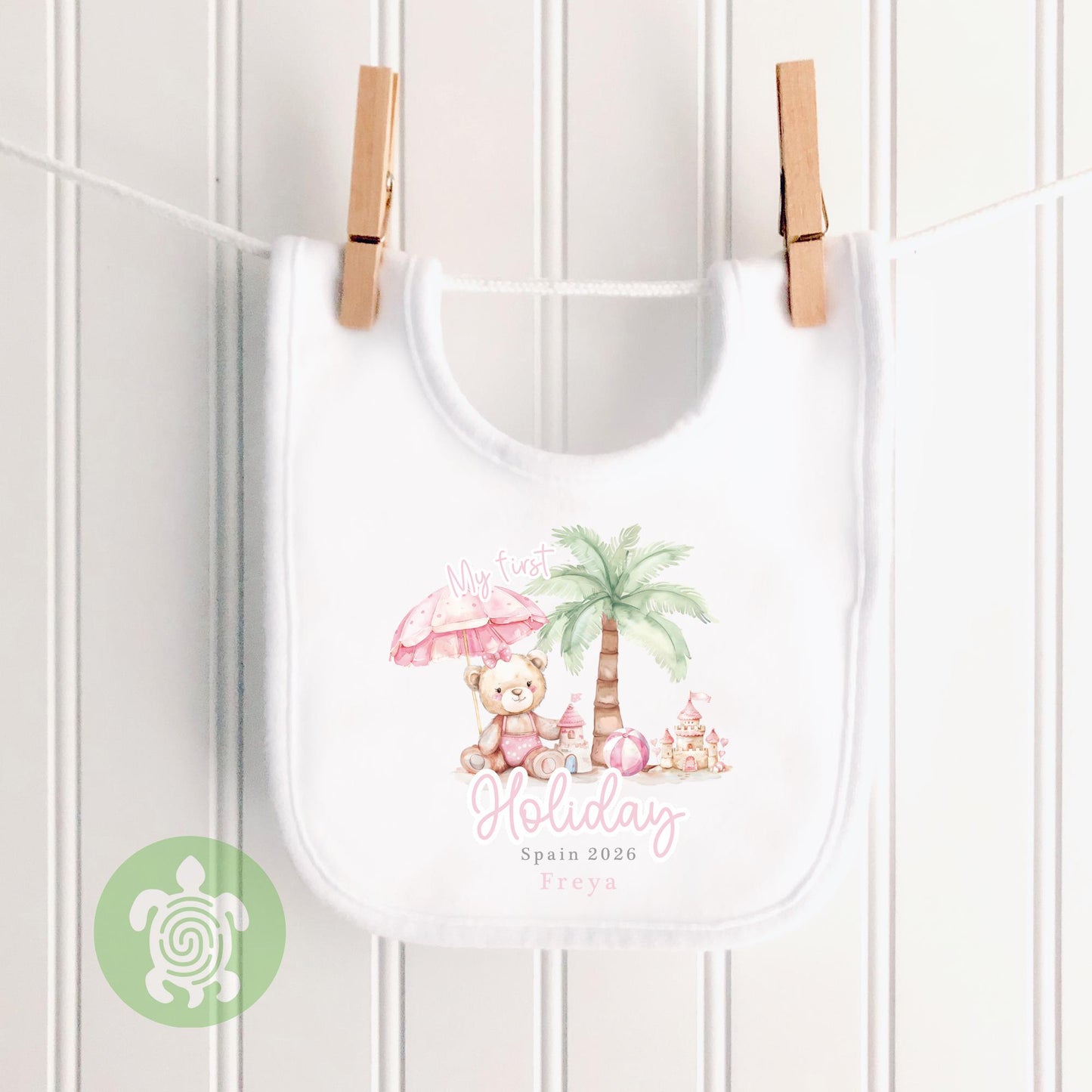 Personalised My 1st Holiday Pink Teddy Beach Babyvest, Children's T Shirt, First Holiday Sleepsuit, Babies First Holiday, First Time Flyer