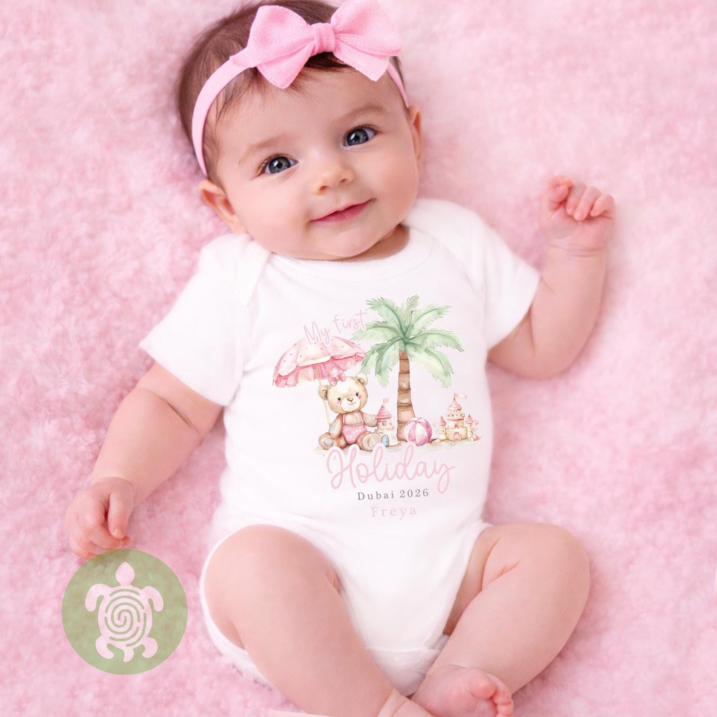 Personalised My 1st Holiday Pink Teddy Beach Babyvest, Children's T Shirt, First Holiday Sleepsuit, Babies First Holiday, First Time Flyer