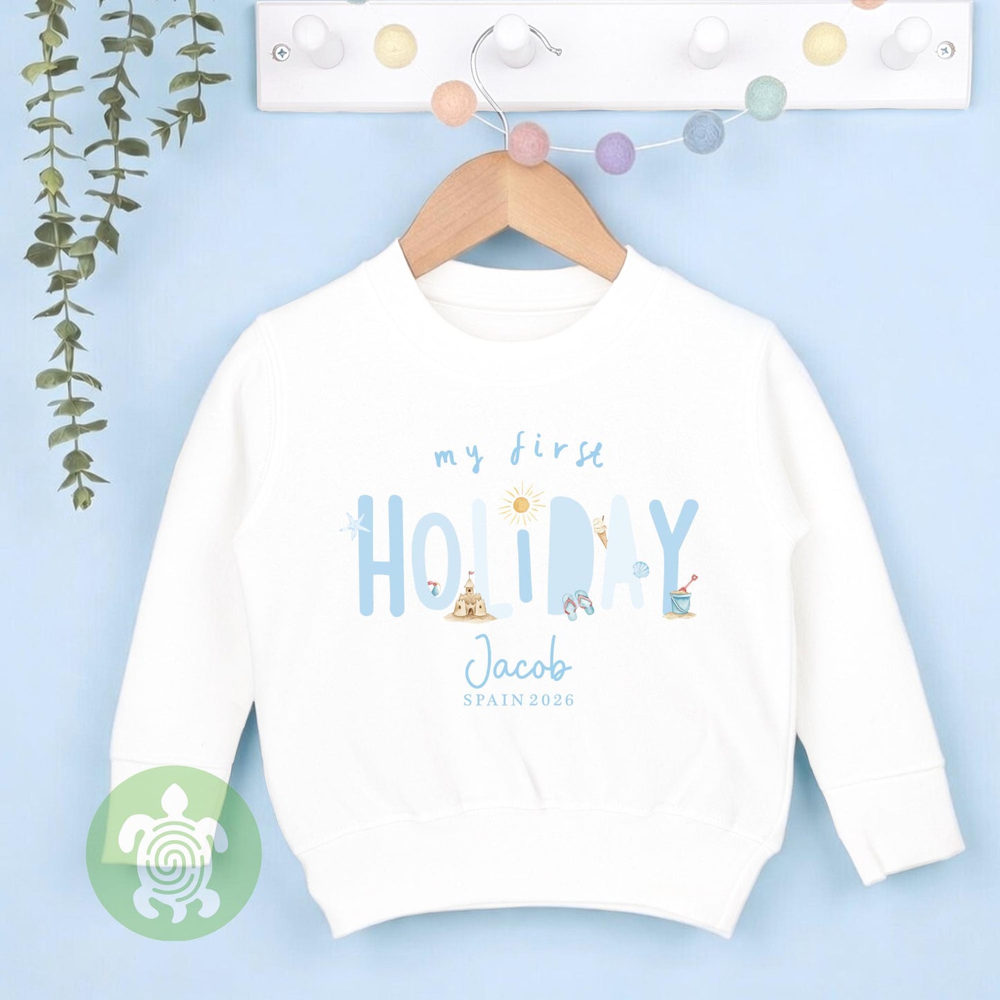 Personalised My 1st Holiday Blue themed Beach Babyvest, Children's T Shirt, First Holiday Sleepsuit, Babies First Holiday, First Time Flyer