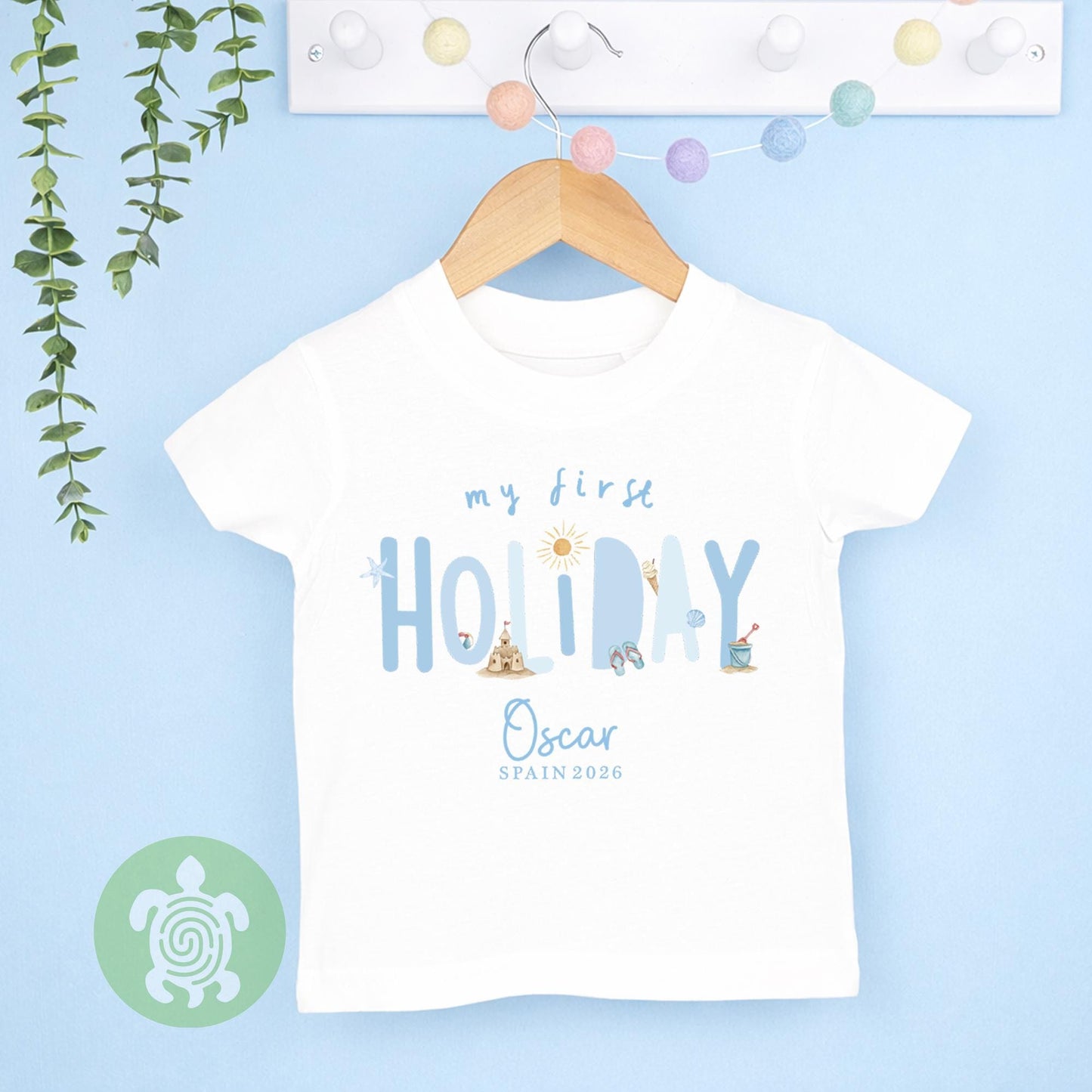 Personalised My 1st Holiday Blue themed Beach Babyvest, Children's T Shirt, First Holiday Sleepsuit, Babies First Holiday, First Time Flyer