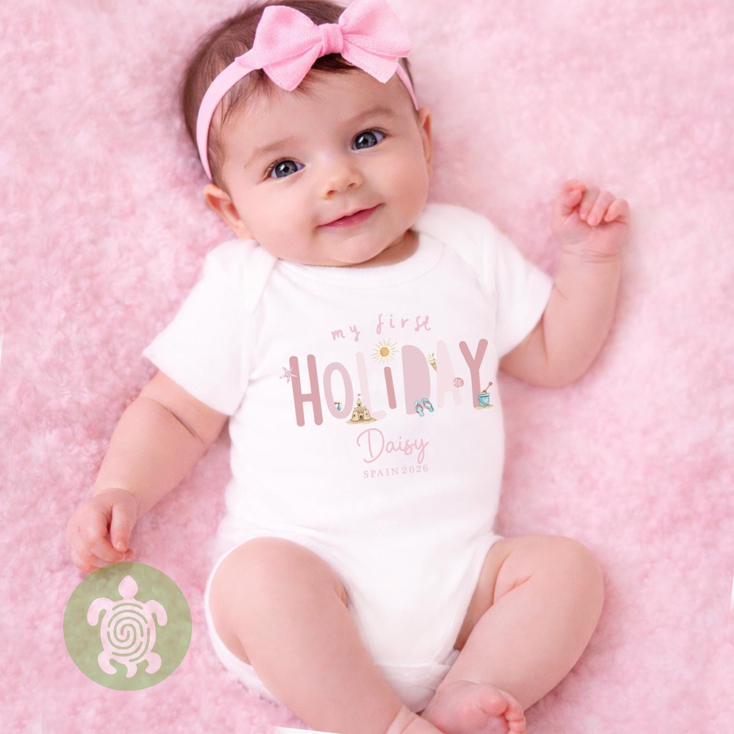 Personalised My 1st Holiday Pink themed Beach Babyvest, Children's T Shirt, First Holiday Sleepsuit, Babies First Holiday, First Time Flyer