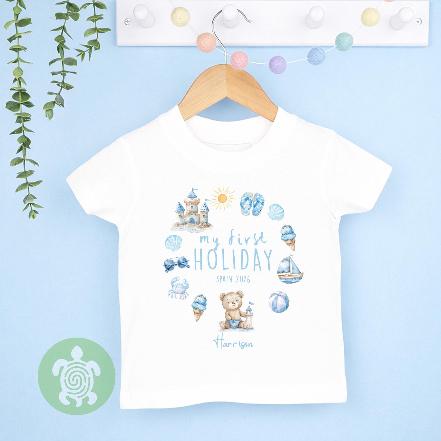 Personalised My 1st Holiday Blue Teddy Wreath Babyvest, Children's T Shirt, First Holiday Sleepsuit, Babies First Holiday, First Time Flyer