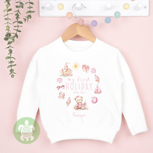 Personalised My 1st Holiday Pink Teddy Wreath Babyvest, Children's T Shirt, First Holiday Sleepsuit, Babies First Holiday, First Time Flyer