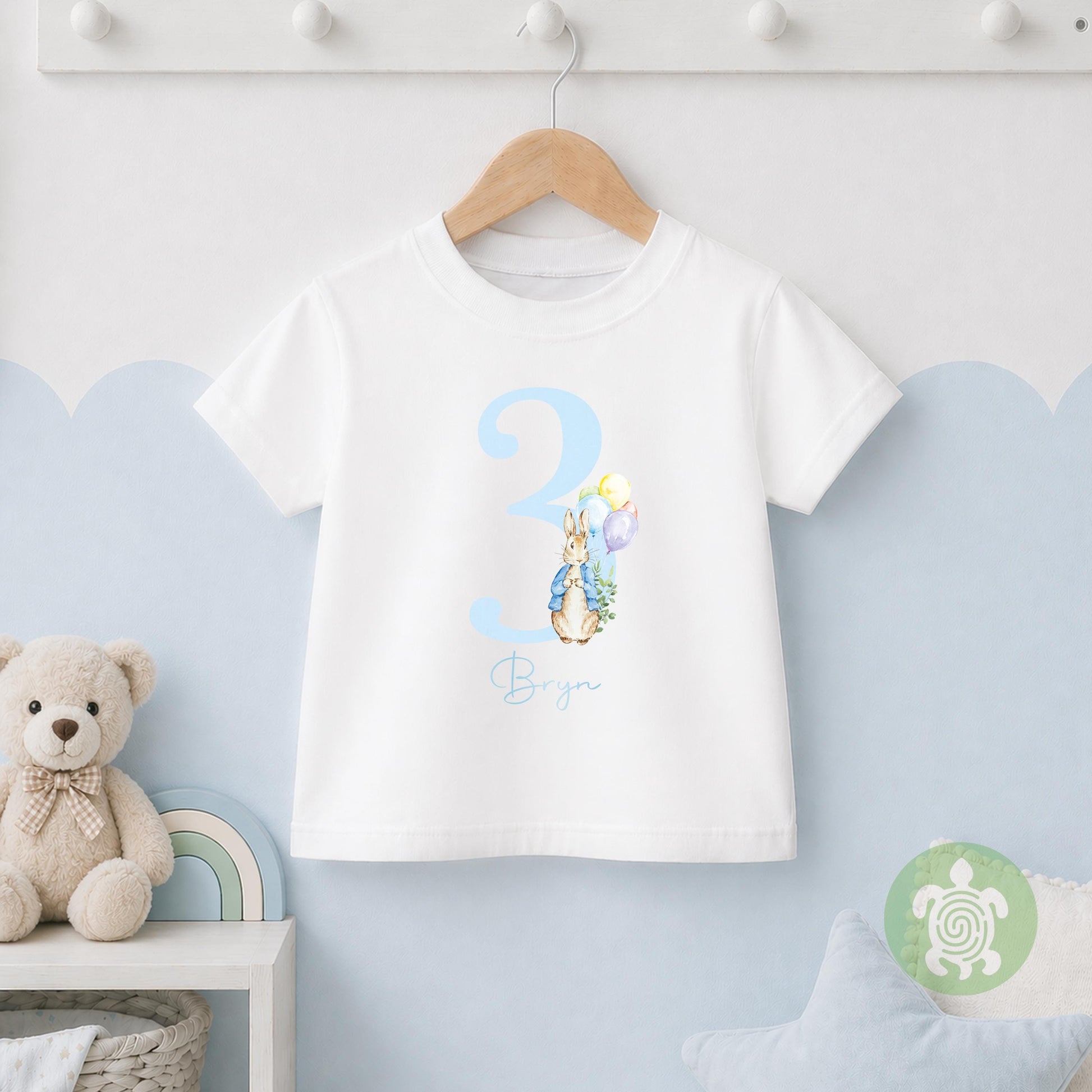 Rabbit Birthday Boy Party T-shirt Top, Personalised 1st 2nd 3rd Birthday design with Metallic Blue Print Children's Clothing