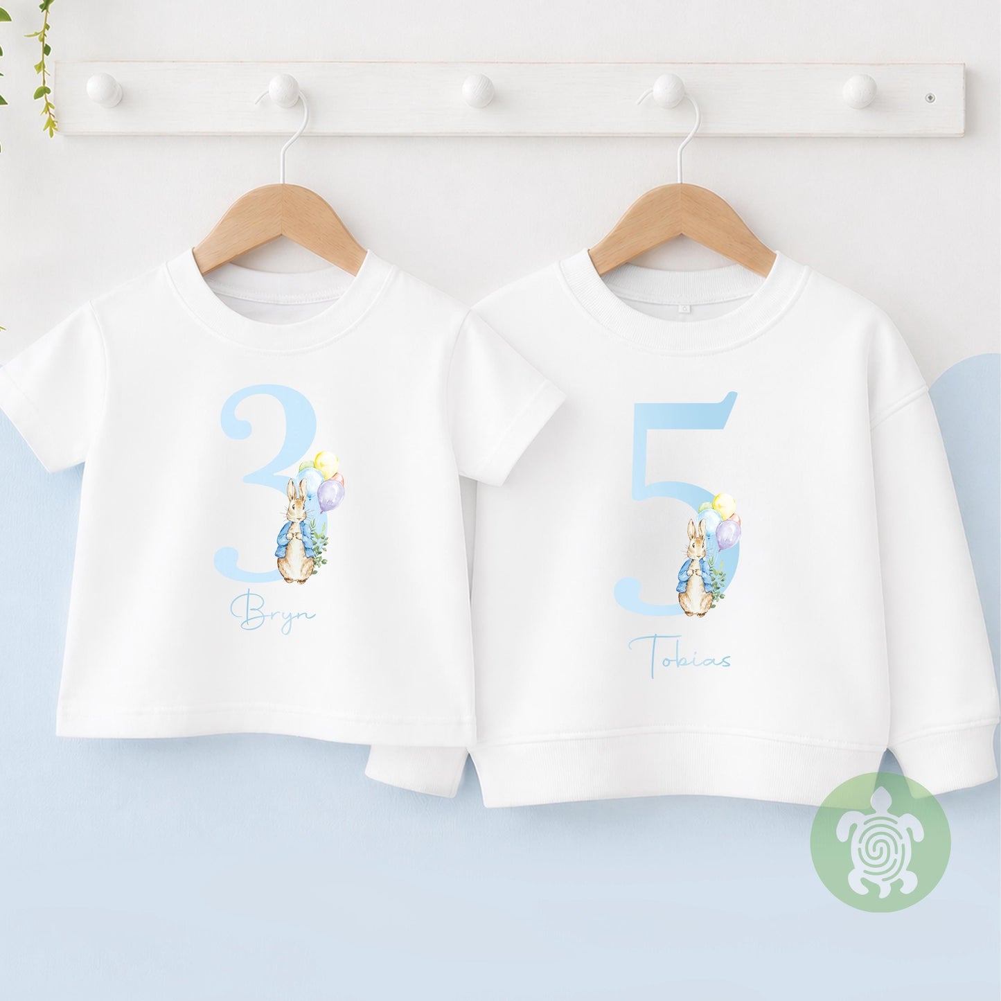 Rabbit Birthday Boy Party T-shirt Top, Personalised 1st 2nd 3rd Birthday design with Metallic Blue Print Children's Clothing