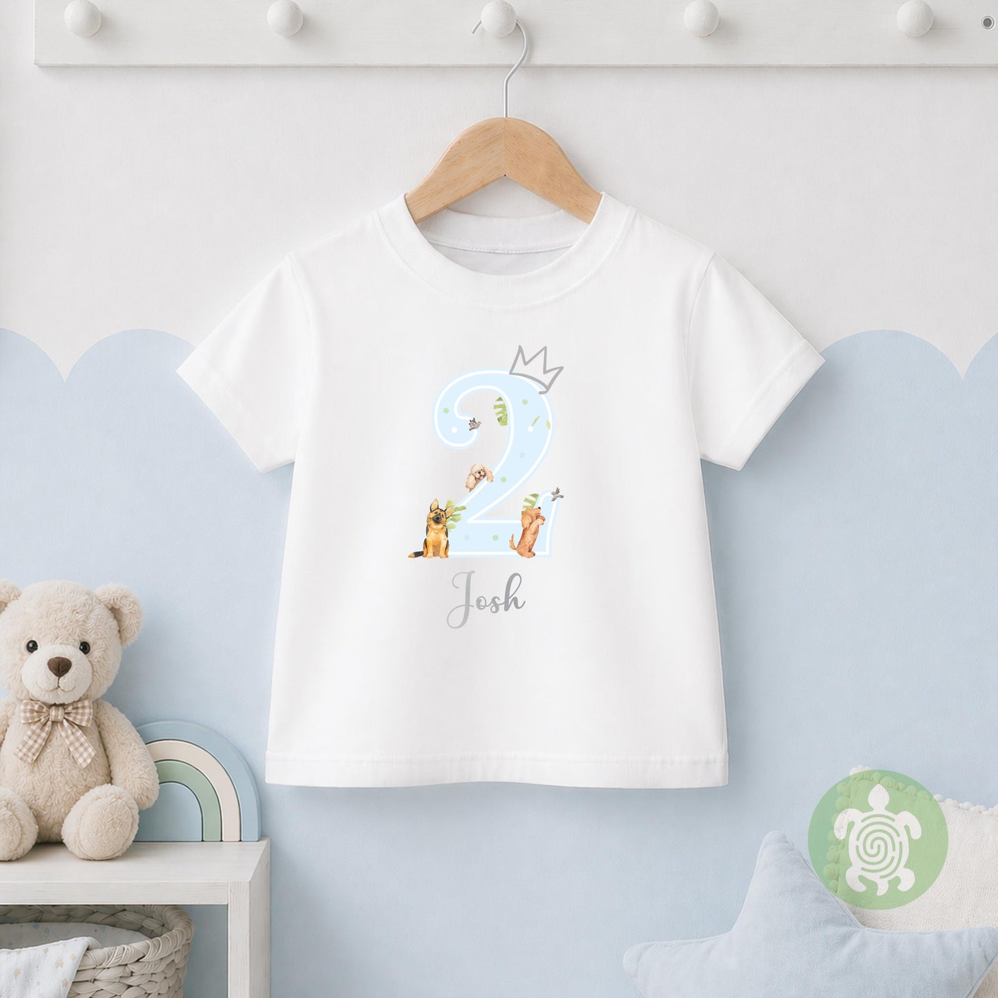Dog Pet Blue Birthday Boy Party T-shirt Top, Personalised 1st 2nd 3rd Birthday design with Grey Print Children's Clothing