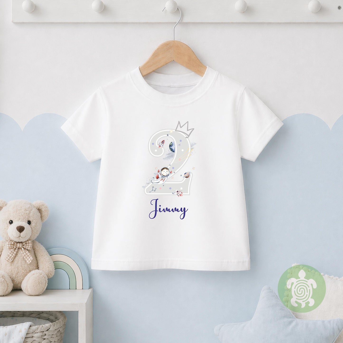 Watercolour Space theme 1st 2nd Birthday Party T-shirt Top, Personalised First Second Birthday design with Navy Print Children's Tee