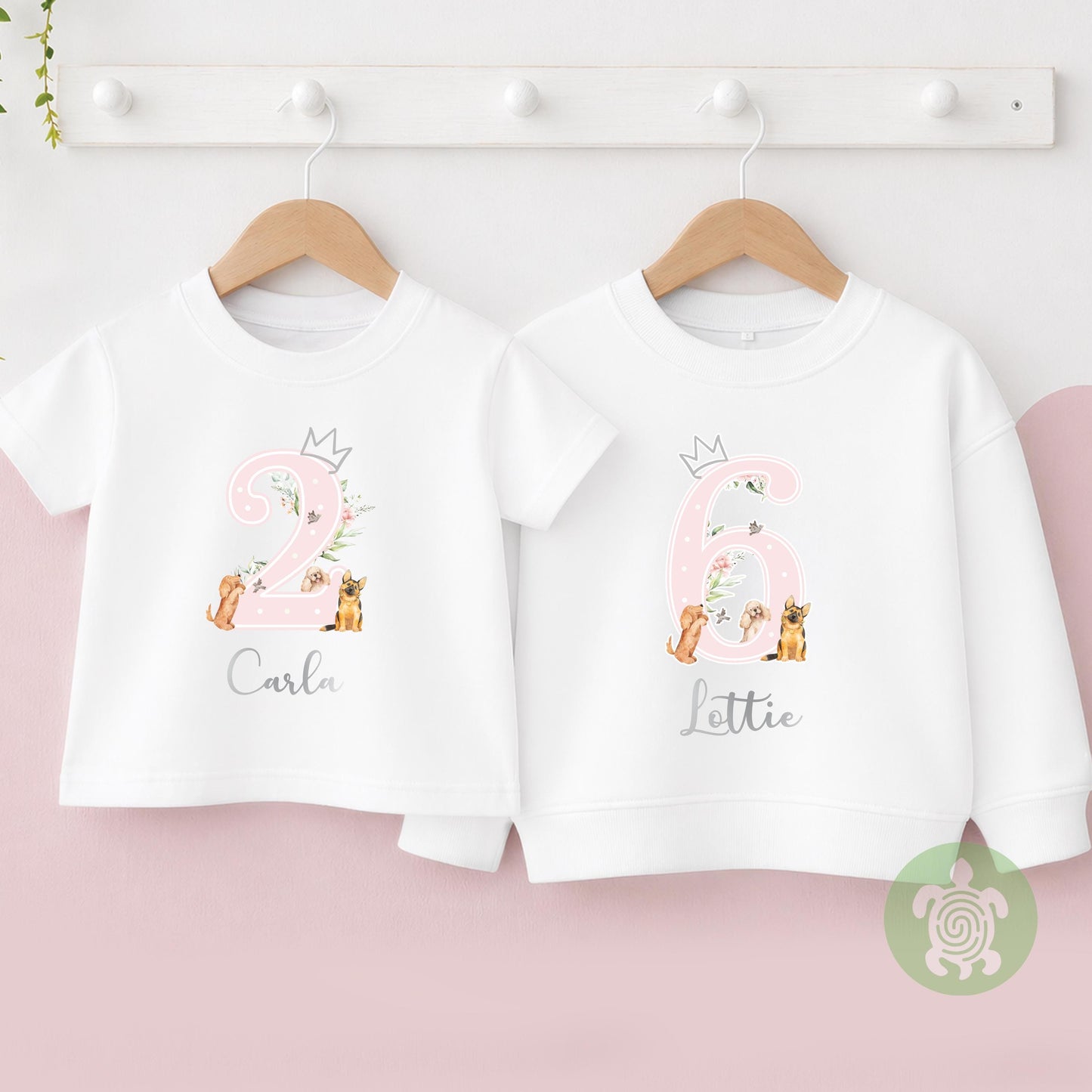 Dog Pet Pink with Flowers Birthday Girl Party T-shirt Top, Personalised 1st 2nd 3rd Birthday design with Grey Print Children's Clothing