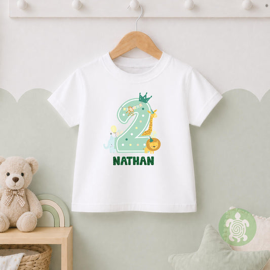 Green 1st 2nd Birthday Boy Animal Theme Party T-shirt, Personalised First Second Birthday design with Green Glitter Print Any Age
